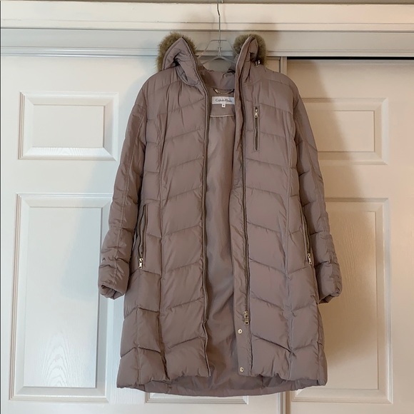 calvin klein chevron faux fur coat